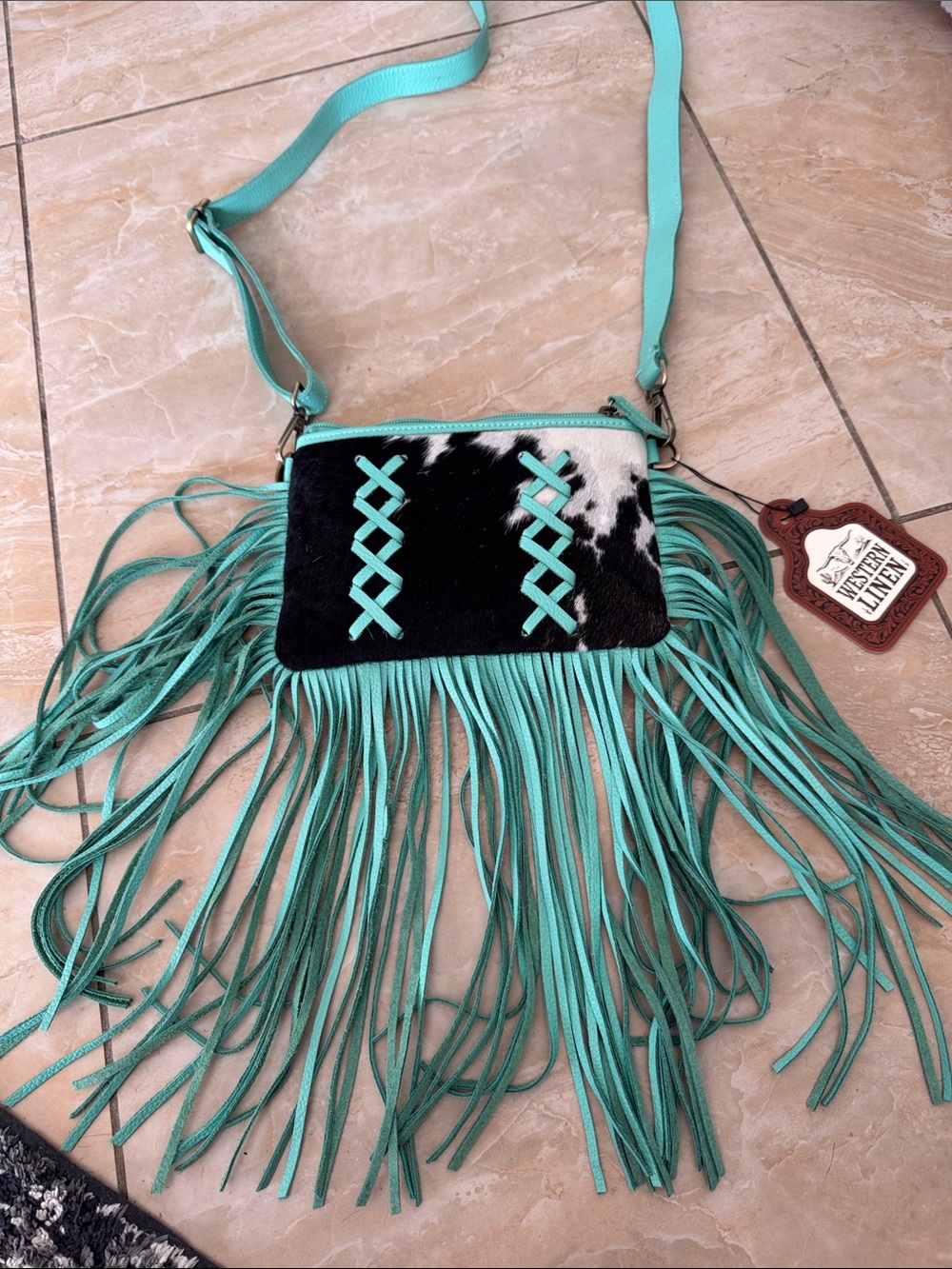 Western Linen Fringe Crossbody Bag - Turquoise Cowhide Accent